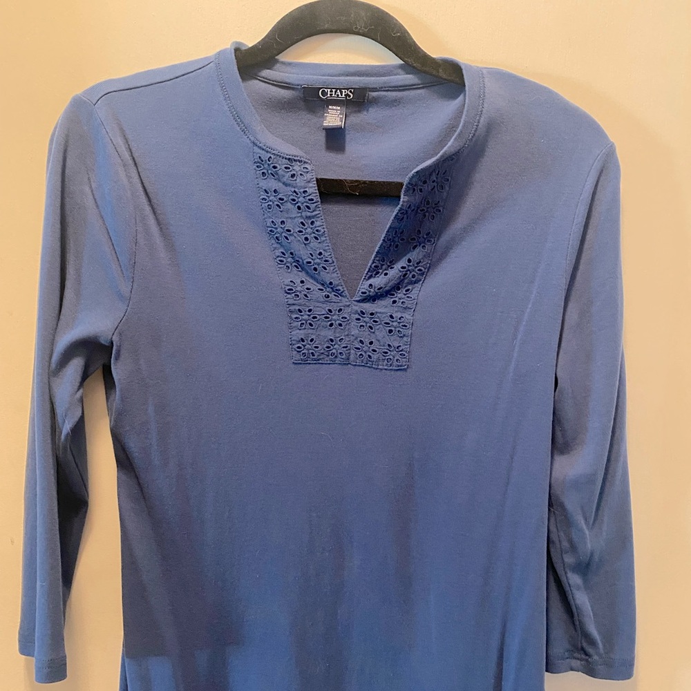 Chaps blue 3/4 sleeve top. Size M with design near neckline